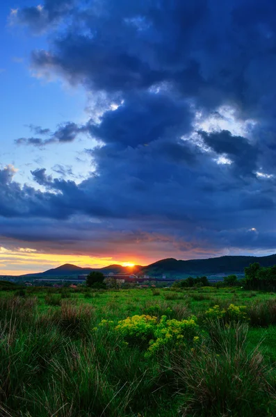 Colorful summer sunset just after a rainy day. Sun coloring the clouds. — Stock Photo, Image