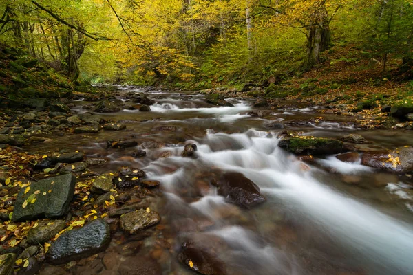 Vodopád Protékající Skalami Hlubokém Lese Podzimní Krajina — Stock fotografie