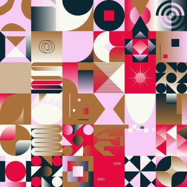 İsviçre tasarım tarzı soyut poster düzeni geometrik grafikler ve kalın elementlerle. Basit vektör şekilli modern geometri kompozisyonu çizimleri. Poster tasarımı, web sunumu vs. için kullanışlı.