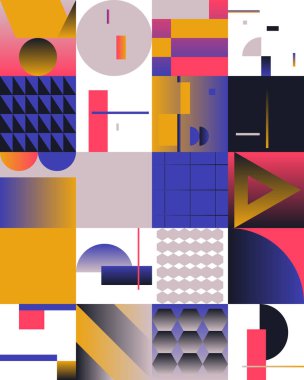 Renkli geometrik şekiller ve basit geometrik şekillerle yapılmış vektör soyut kompozisyon tasarımının neo jeo çizimi, web arkaplanı için kullanışlı, poster ince sanatları, ön sayfa ve baskılar.