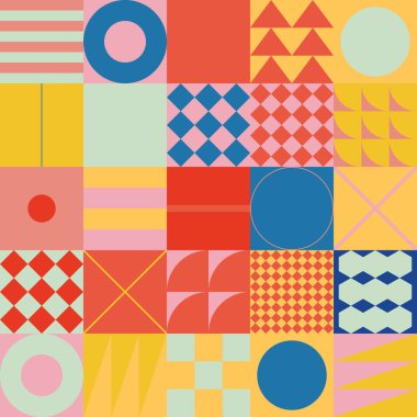 İskandinav esinlenilmiş çizimler basit geometrik şekiller ve renkli şekillerle yapılmış. Soyut vektör bileşimi, arka planlar için kullanışlı, poster tasarımı, kumaş baskıları, davet.