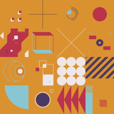 Geçmişe dönük parlak neon renkli geometrik şekilli vektör soyut sembolleri, web arkaplanı, poster sanat tasarımı, dergi ön sayfası, yüksek teknoloji baskısı, kapak resmi.