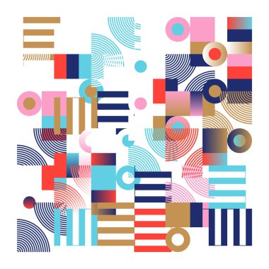 Basit şekiller ve parlak ve canlı renklerden oluşan soyut geometrik vektör deseni. Geometrik kompozisyon, web tasarımı için kullanışlı, kartvizit, davet, poster, tekstil baskısı, arkaplan.