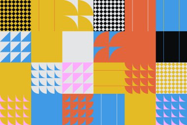 İskandinav esinlenilmiş çizimler basit geometrik şekiller ve renkli şekillerle yapılmış. Soyut vektör bileşimi, arka planlar için kullanışlı, poster tasarımı, kumaş baskıları, davet.