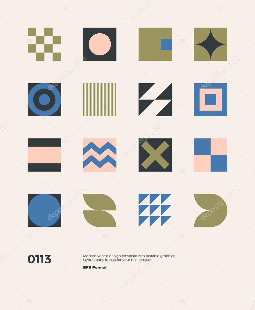 New modernism aesthetics in vector poster design cards. Brutalism inspired graphics in web template layouts made with abstract geometric shapes, useful for poster art, website headers, digital prints.