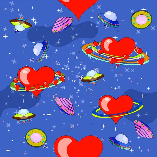 Ufo Vliegen Ruimte Zoek Naar Harten Een Planeet Van Liefde — Stockvector