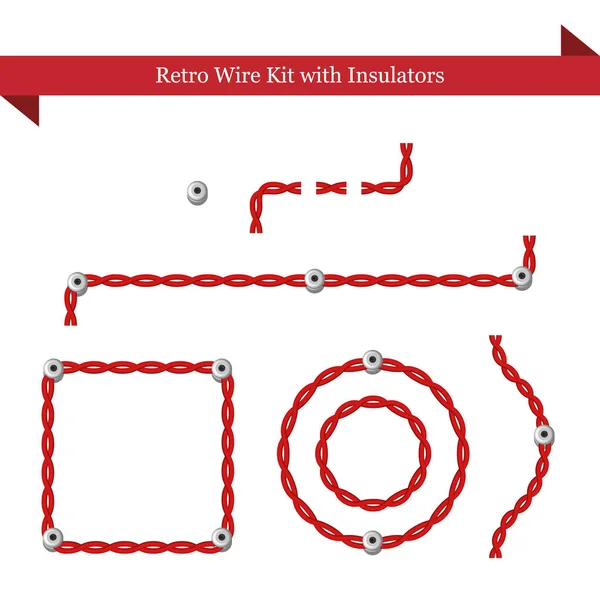 Kit Cableado Retro Cable Trenzado Rojo Trenzado Con Aislantes Cerámicos — Vector de stock