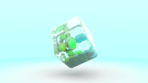 一个旋转的透明玻璃立方体 充满不同大小和不同颜色的球 乒乓球套圈动画4K 3D渲染 — 图库视频影像
