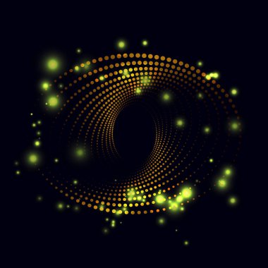 Yarım tonlu noktalardan oluşan soyut spiral elips şekli, altın rengi parıldayan kıvılcımlar, koyu arkaplanda vektör çizimi