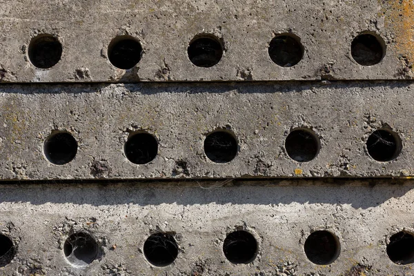 Lineaire Textuur Van Oude Grijze Betonnen Platen Blok Met Gaten — Stockfoto