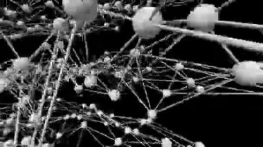 Soyut beyaz pleksus molekül ızgarası dönüyor ve siyah arkaplanda gürültülü bir şekilde bozuluyor. Kusursuz döngü 4k animasyon, 3D canlandırma