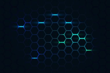 Dark hexagon abstract technology background with blue and green colored bright flashes under hexagon. Hexagonal gaming vector abstract tech background.