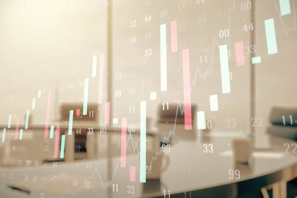 Multi esposizione dell'ologramma virtuale astratto del grafico finanziario su uno sfondo moderno della sala conferenze, del forex e del concetto di investimento — Foto Stock