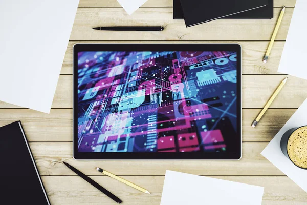 Modern digital tablet monitor with abstract creative coding sketch, artificial intelligence and neural networks concept. Top view. 3D Rendering