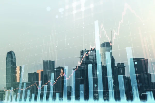 Multi esposizione di ologramma grafico finanziario creativo virtuale su sfondo grattacieli di Los Angeles, concetto di ricerca e analisi — Foto Stock