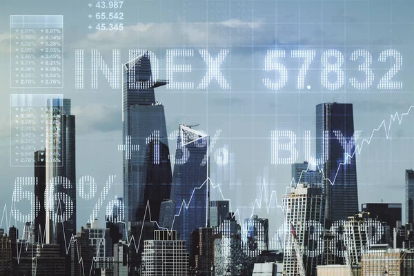 Абстрактный виртуальный финансовый график на фоне нью-йоркского неба, форекс и инвестиционной концепции. Мультиэкспозиция — стоковое фото