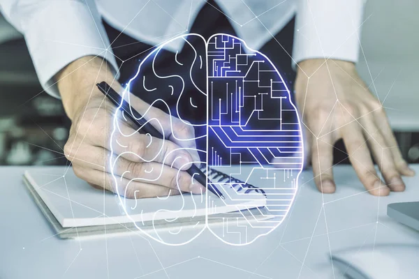 Kreativ artificiell intelligens koncept med mänskliga hjärnan skiss och handskrift i dagbok på bakgrund med bärbar dator. Dubbel exponering — Stockfoto