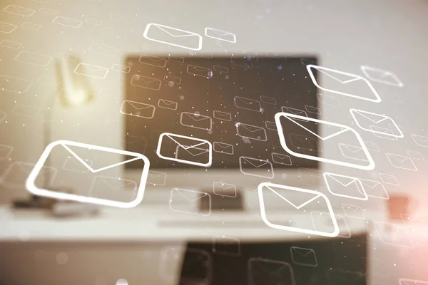 Creatieve abstracte postenveloppen schetsen op moderne laptop achtergrond, e-mail en marketing concept. Dubbele blootstelling — Stockfoto