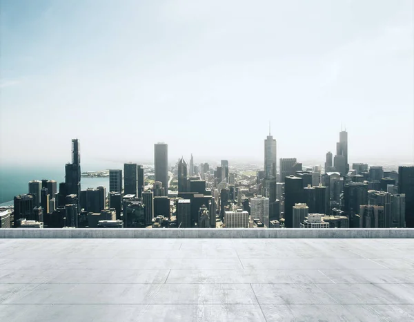 Empty concrete dirty rooftop on the background of a beautiful Chicago city skyline at morning, mock up