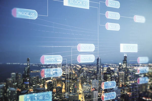 Multi exposição do holograma abstrato do desenvolvimento de software no fundo dos arranha-céus de Chicago, pesquisa e conceito da análise — Fotografia de Stock