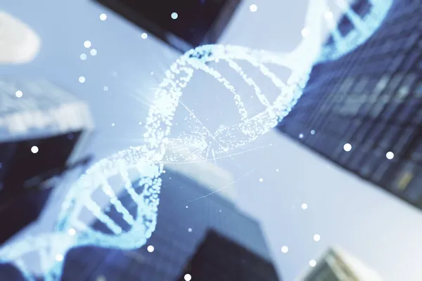 Ologramma del DNA sul background dell'architettura moderna, la scienza e il concetto di biologia. Multiesposizione — Foto Stock
