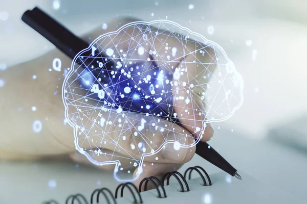 Dubbel exponering av kreativ artificiell intelligens symbol med man hand skriva i anteckningsbok på bakgrunden. Neurala nätverk och maskininlärningskoncept — Stockfoto