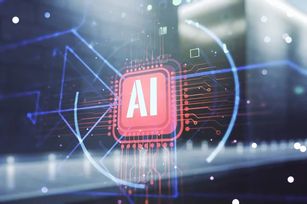 Doble exposición del holograma de abreviatura de inteligencia artificial creativa en el fondo exterior del centro de negocios contemporáneo. Tecnología futura y concepto de IA — Foto de Stock