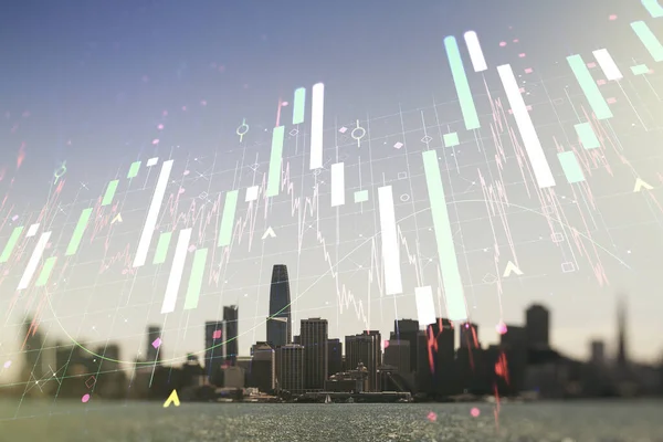 Doppelbelichtung des abstrakten, kreativen Hologramms auf San Francisco Wolkenkratzern Hintergrund, Forschungs- und Strategiekonzept — Stockfoto