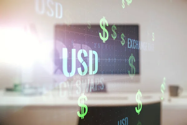 現代のラップトップの背景にユーロドル記号イラストの創造的な概念。取引と通貨の概念。多重露光 — ストック写真