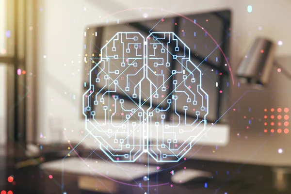 Творча концепція штучного інтелекту з ескізом людського мозку на сучасному комп'ютері. Подвійне експонування — стокове фото