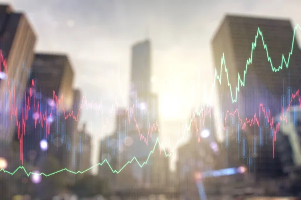 Doppelbelichtung abstrakter Finanzgrafik auf Bürogebäuden Hintergrund, Finanz- und Handelskonzept — Stockfoto