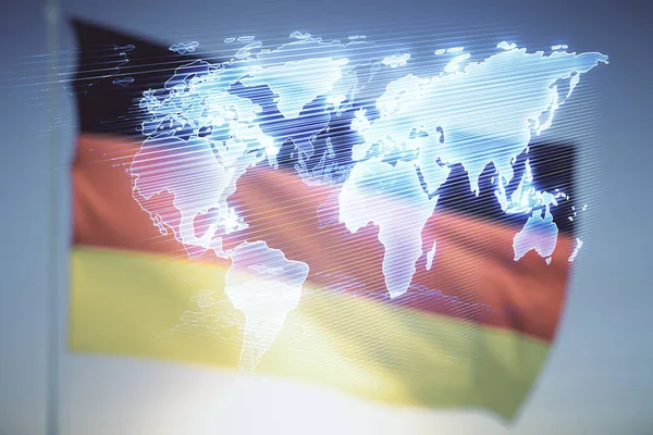 Absztrakt kreatív digitális világtérkép német zászló és naplemente égbolt háttér, globalizáció koncepció. Többszörös expozíció — Stock Fotó