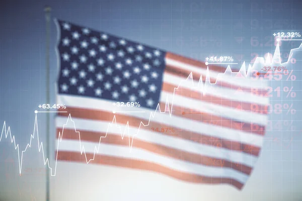Double exposure of virtual creative financial diagram on US flag and blue sky background, banking and accounting concept — Stock Photo, Image