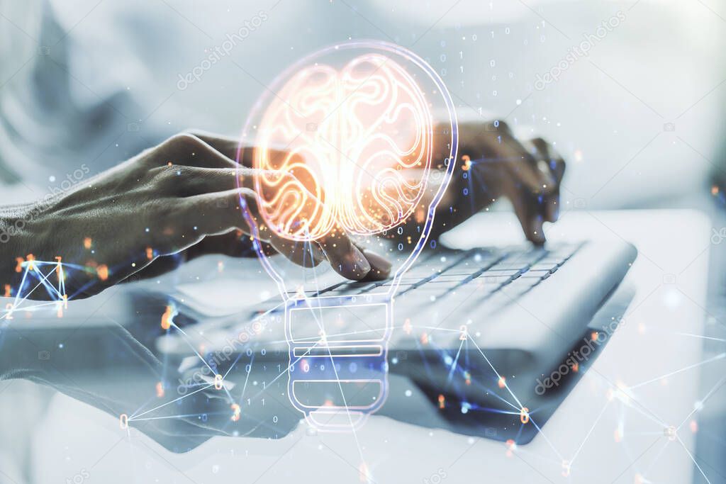 Creative idea concept with light bulb and human brain illustration and with hands typing on laptop on background. Neural networks and machine learning concept. Multiexposure