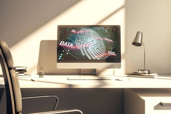 Modern computer screen with creative fingerprint hologram, personal biometric data concept. 3D Rendering — Stock Photo, Image