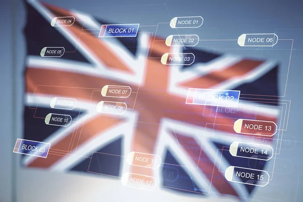 Exposição dupla de interface de linguagem de programação abstrata na bandeira britânica e fundo céu azul, pesquisa e desenvolvimento conceito — Fotografia de Stock