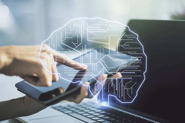 Kreativ artificiell intelligens koncept med mänskliga hjärnan hologram och fingerklick på en digital tablett på bakgrunden. Multiexponering — Stockfoto