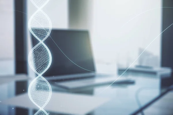 Креативний ескіз ДНК на сучасному фоні ноутбука, біотехнології та генетичній концепції. Багатоцільовий — стокове фото