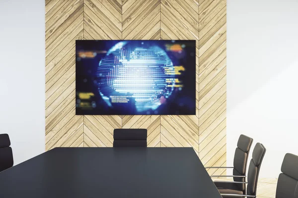현대 회의실의 화면에 세계 지도를 보여 주는 추상적 인 창조적 코딩 개념. 3D 렌더링 — 스톡 사진