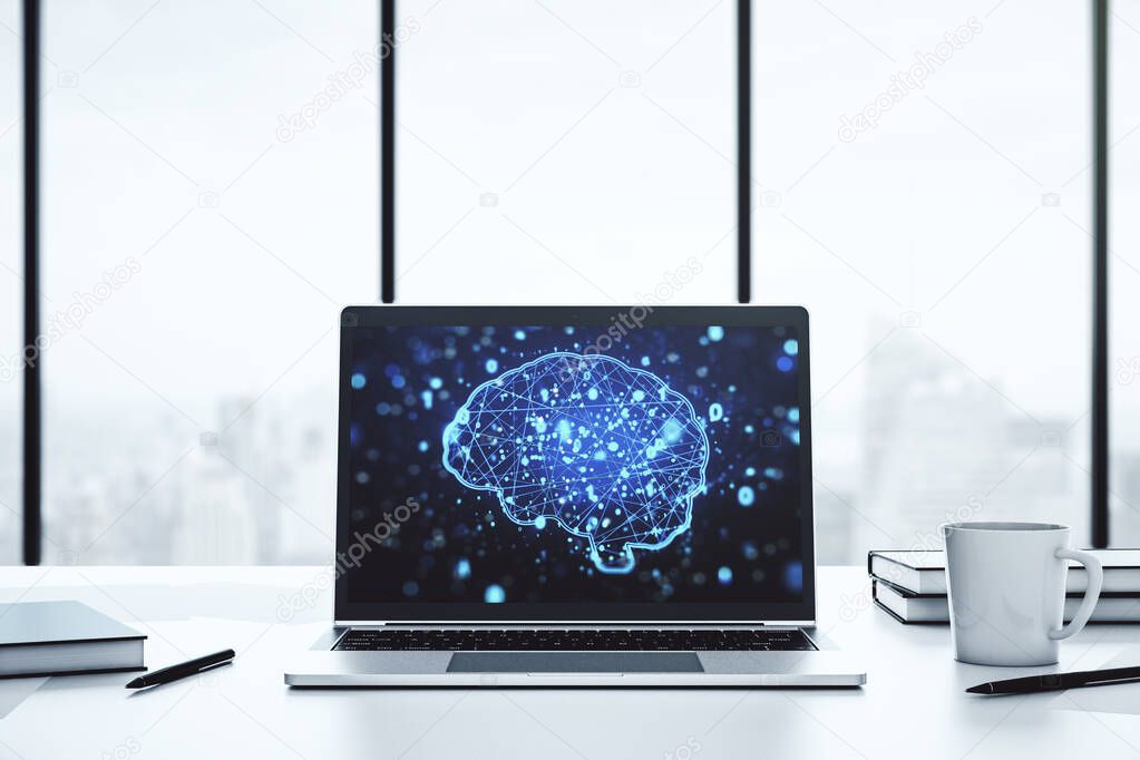 Creative artificial Intelligence concept with human brain sketch on modern laptop monitor. 3D Rendering