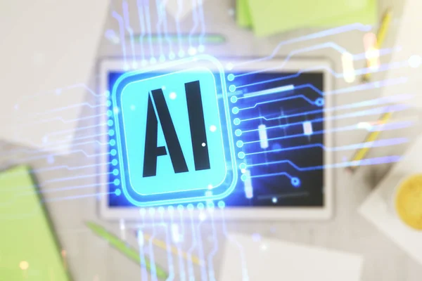 Double exposure of creative artificial Intelligence icon and digital tablet on background, top view. Neural networks and machine learning concept — Stock Photo, Image