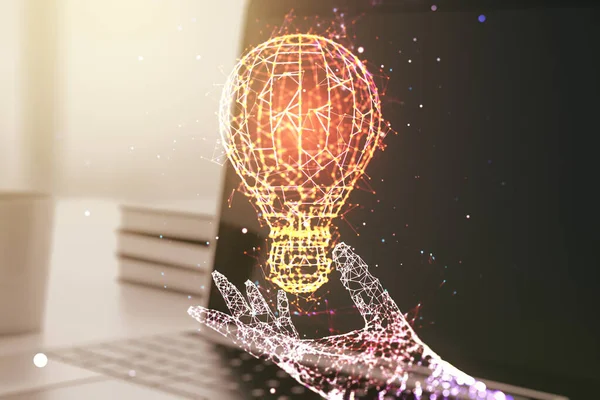 現代のコンピュータの背景に創造的な電球のイラスト、将来の技術の概念。多重露光 — ストック写真
