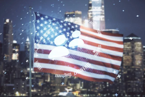 Dvojitá expozice abstraktních virtuálních lidí ikony hologram na vlajce USA a rozmazané mrakodrapy pozadí. Pojetí online pojišťovacích služeb — Stock fotografie