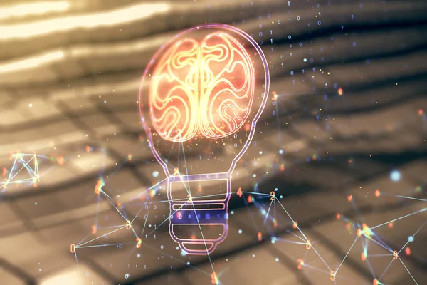 アブストラクト金属の背景に人間の脳を持つ仮想電球イラスト,将来の技術コンセプト.多重露光 — ストック写真