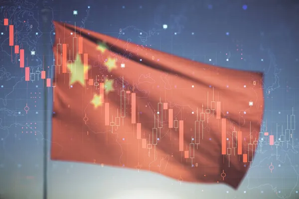 Abstract virtual global crisis chart and world map sketch on Chinese flag and sunset sky background, falling markets and collapse of global economy concept. Double exposure — Stock Photo, Image