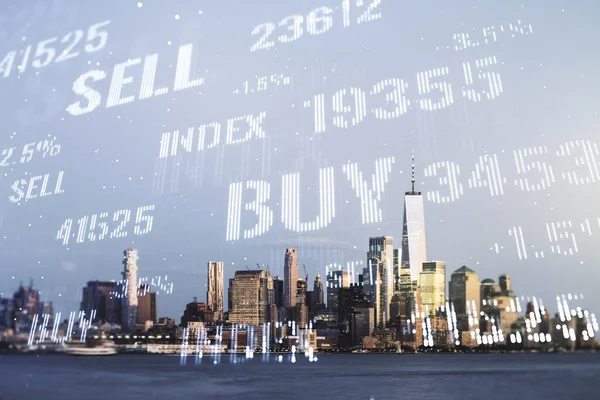 Multi exposure of abstract virtual financial graph hologram on New York skyline background, forex and investment concept — Stock Photo, Image
