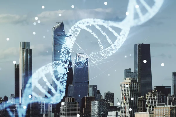 Illustrazione del simbolo del DNA virtuale sullo sfondo dello skyline di New York. Concetto di ricerca genomica. Multiesposizione — Foto Stock