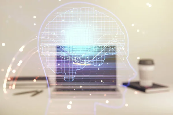 Double exposure of creative human head microcircuit with computer on background. Future technology and AI concept — Stock Photo, Image