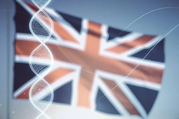 Ologramma del DNA su bandiera britannica e sfondo del cielo al tramonto, concetto di scienza e biologia. Multiesposizione — Foto Stock