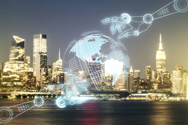 Holograma de tecnologia robótica virtual abstrato com globo sobre fundo cityscape de Nova York, inteligência artificial e conceito de aprendizado de máquina. Exposição múltipla — Fotografia de Stock